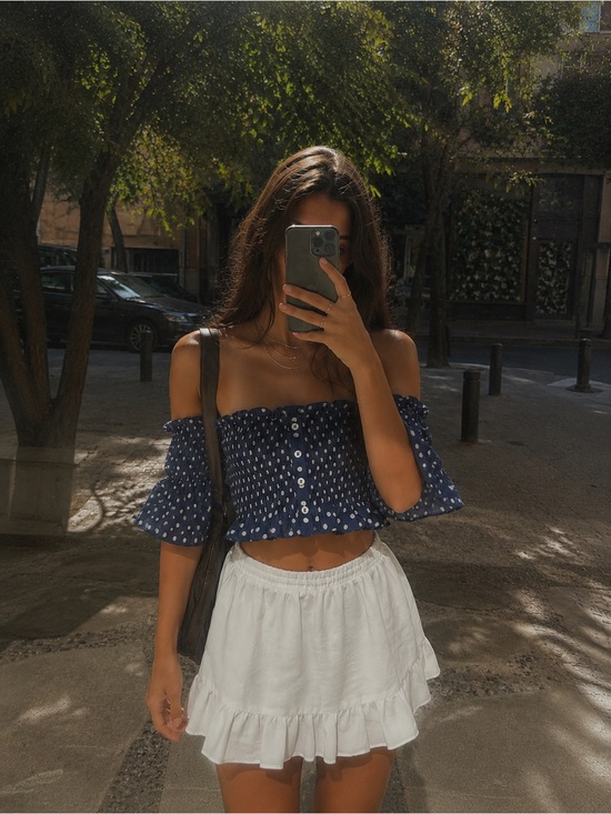 Skylar + Madison Tops - Skylar + Madison Navy Blue Polka Dot Off-Shoulder Smocked Crop Top